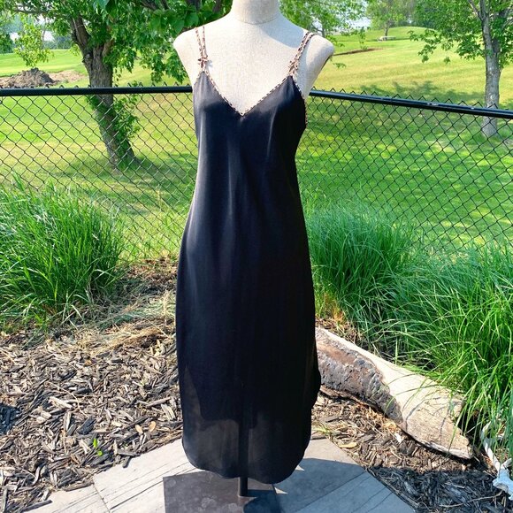 Vintage 90s Satin Midi Slip Dress Leopard Trim Lingerie Nightgown Chemise